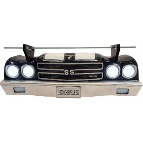 Sunbeltgifts 1970 Chevrolet Chevelle Floating Wall Shelf, Black with White Stripes, 19.5 x 7 x 7.5 inches, Tempered Glass, Battery Powered LED Headlights, Car Enthusiast Gift, Muscle Car Decor