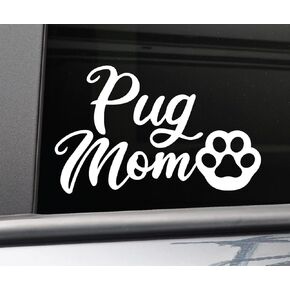 Pug Mom Vinyl Decal Laptop Car Truck Bumper Window Sticker, 5.5" x 3.5", White