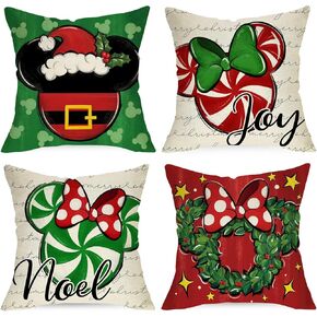 Merry Christmas Mouse Decorative Throw Pillow Covers 18 x 18 Set of 4, Xmas Candy Cane Wreath Red Green Bow Cushion Case Decor, Noel Joy Winter Holiday Farmhouse Home Sofa Couch Decoration