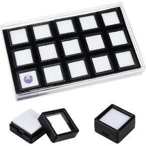 BENECREAT 15 Pack Gemstone Display Box, 1.1x1.1x0.65inch Black Diamond Display Case Jewelry Box Container with Clear Glass Window for Treat, Gems, Coins, Diamond