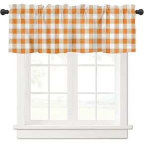 Savannan Window Curtains Valances, Thanksgiving Autumn Orange White Buffalo Check Plaid Gingham Rod Pocket Cafe Valance Short Curtains for Kitchen, Bedroom, Living Room, 1 Panel, 54X18