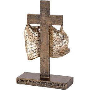 Dicksons Tabletop Cross Sculpture Figurine 8 x 5 Resin Distressed Bronze Toned Cross with American Flag