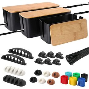 Cable Management Box, 2 Pack Bamboo Lid Large Storage Wires Organizer Holder for Home, Desk, TV, Computer, USB Hub - to Cover Hide Surge Protector Conceal Power Strips & Cords (Black)