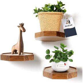 AceList Octagon Floating Shelves - Set of 3 Rustic Small Floating Shelves, 6Inch Natural Wood Wall Mounted Shelves for Bathroom, Bedroom, Kitchen, Office and Living Room Decor
