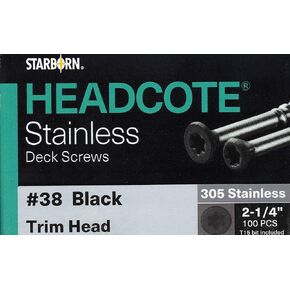 STARBORN HEADCOTE Stainless Deck Screws # 38 Black Trim Head 305 Stainless 2-1/4" 100 PCS T15 bit Included