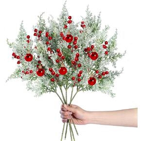 sggvecsy 6 عبوات من فروع الصنوبر الاصطناعي الثلجي، رذاذ الأرز الصناعي المتجمد مع كرات عيد الميلاد التوت الأحمر، مقاس 45.72 سم، من خشب الأرز الأخضر، سيقان أرز عيد الميلاد من أجل إكليل إكليل عيد الميلاد DIY لتزيين المنزل
