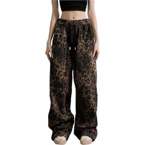 SOLY HUX Women's Plus Size Leopard Print Sweatpants Drawstring Waist Wide Leg Y2k Pants with Pockets