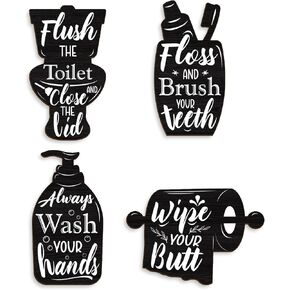VGICH 4 PCS Bathroom Wall Decor Wooden Wash Brush Floss Flush Sign Black and White Bathroom Decor Vintage Bathroom Wall Art Home Bathroom Laundry Room