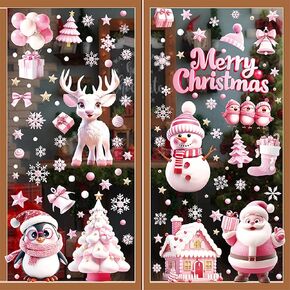 Christmas Window Clings for Glass Windows 143Pcs Cute Pink Santa Claus Snowman Reindeer Window Decals Xmas Window Stickers Decorations for Winter Holiday Home Store School Office Decor Party Supplies
