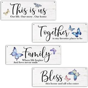 4 Pcs Family Wall Decor Wooden Sign, Blue Butterfly Bedroom Decor, The Is Us Wooden Hanging Sign, Inspirational Wall Art For Home Farmhouse Kitchen Living Room Bathroom Decorations, A33