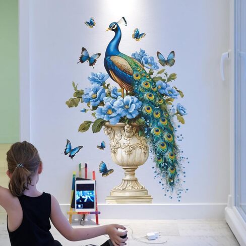 الطاووس زهر الخوخ جدار الشارات الزهور الوردية شجرة فرع ملصقات الحائط النمط الصيني الطيور الفراشات جدار الفن تحلق زهرة الفينيل DIY الجداريات الجدار القابلة للإزالة للأطفال الحضانة ديكور المنزل in Kuwait