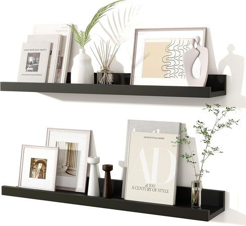 Fun Memories Floating Shelves Set of 2, 24 Inch Rustic Wall Mounted Picture Ledge Shelf with Lip for Home Storage and Décor in Bathroom, Kitchen, Nursery, Bedroom, Living Room, Black in Kuwait