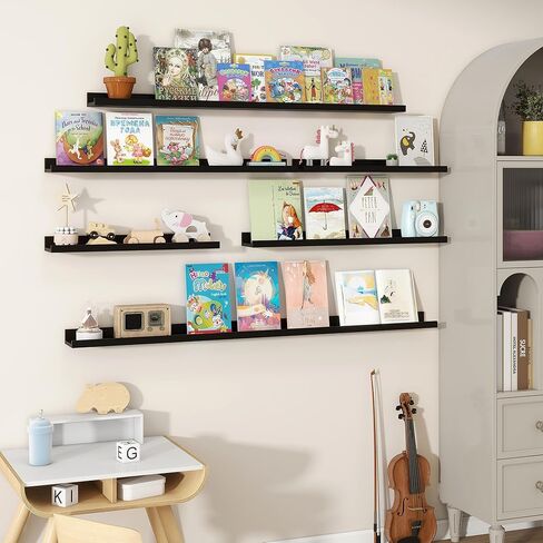 Fun Memories Floating Shelves Set of 2, 24 Inch Rustic Wall Mounted Picture Ledge Shelf with Lip for Home Storage and Décor in Bathroom, Kitchen, Nursery, Bedroom, Living Room, Black in Kuwait