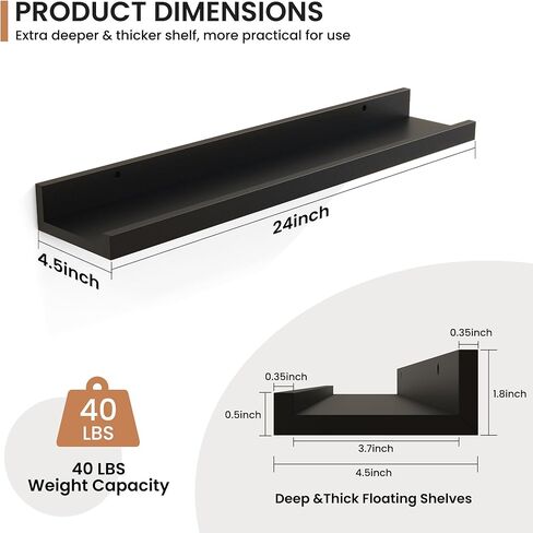 Fun Memories Floating Shelves Set of 2, 24 Inch Rustic Wall Mounted Picture Ledge Shelf with Lip for Home Storage and Décor in Bathroom, Kitchen, Nursery, Bedroom, Living Room, Black in Kuwait