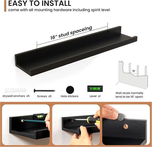 Fun Memories Floating Shelves Set of 2, 24 Inch Rustic Wall Mounted Picture Ledge Shelf with Lip for Home Storage and Décor in Bathroom, Kitchen, Nursery, Bedroom, Living Room, Black in Kuwait