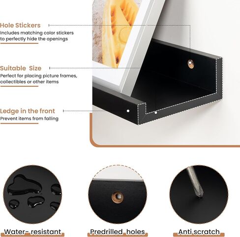 Fun Memories Floating Shelves Set of 2, 24 Inch Rustic Wall Mounted Picture Ledge Shelf with Lip for Home Storage and Décor in Bathroom, Kitchen, Nursery, Bedroom, Living Room, Black in Kuwait