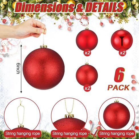 Wettarn 6 Pieces Large 6" Christmas Balls Christmas Tree Decoration Ornaments Shatterproof Balls for Birthday Easter Valentine Wedding Decorations 4th of July Memorial Day (Red Mix) in Saudi Arabia