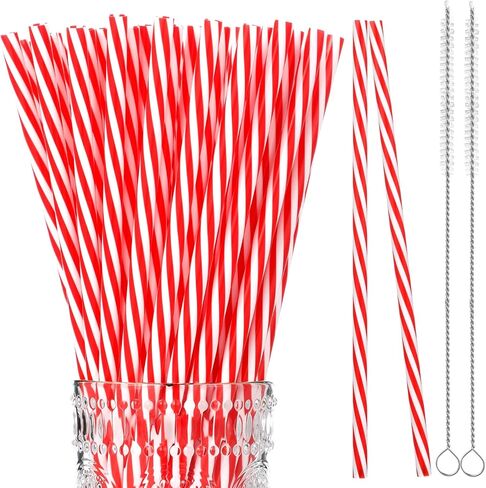 Vesici 9 Inch Striped Straws Reusable Plastic Straws with Cleaning Brush Red Striped Hard Drinking Straws Unbreakable Mason Jar Straws for Christmas Party Decoration Supplies (Red and White,50 Pcs) in Saudi Arabia