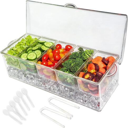 Condiment Server Ice Chilled Condiment Caddy with 5 Removable Compartments & Hinged Lid, Fruit, Veggie & Condiment Serving Bar Plastic Condiment Tray Container for Salad, Taco, Party in Kuwait