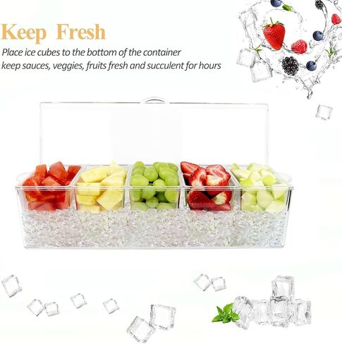 Condiment Server Ice Chilled Condiment Caddy with 5 Removable Compartments & Hinged Lid, Fruit, Veggie & Condiment Serving Bar Plastic Condiment Tray Container for Salad, Taco, Party in Kuwait