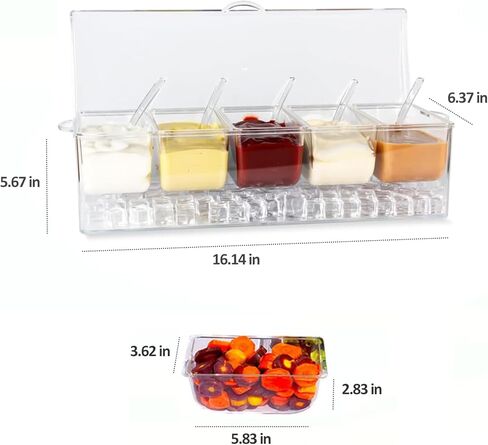 Condiment Server Ice Chilled Condiment Caddy with 5 Removable Compartments & Hinged Lid, Fruit, Veggie & Condiment Serving Bar Plastic Condiment Tray Container for Salad, Taco, Party in Kuwait