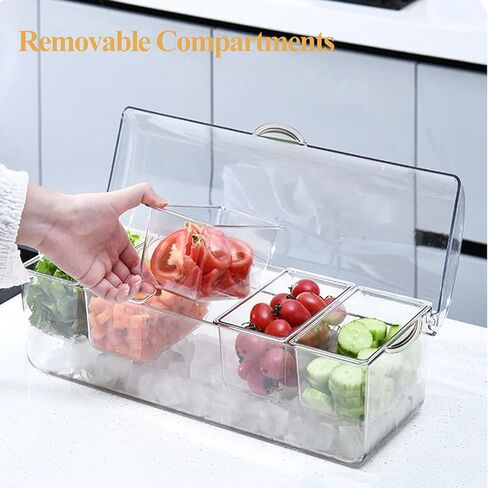 Condiment Server Ice Chilled Condiment Caddy with 5 Removable Compartments & Hinged Lid, Fruit, Veggie & Condiment Serving Bar Plastic Condiment Tray Container for Salad, Taco, Party in Kuwait