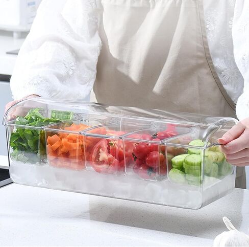 Condiment Server Ice Chilled Condiment Caddy with 5 Removable Compartments & Hinged Lid, Fruit, Veggie & Condiment Serving Bar Plastic Condiment Tray Container for Salad, Taco, Party in Kuwait