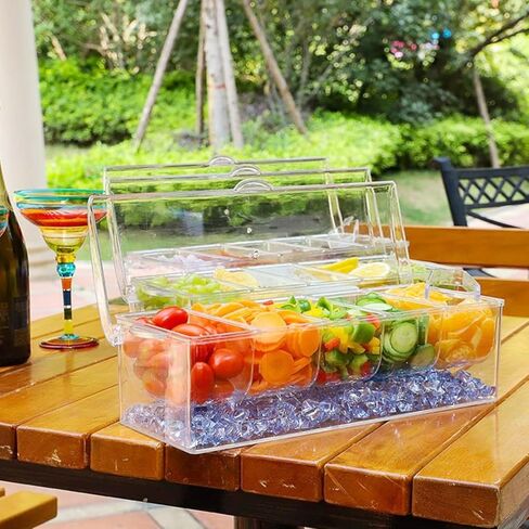 Condiment Server Ice Chilled Condiment Caddy with 5 Removable Compartments & Hinged Lid, Fruit, Veggie & Condiment Serving Bar Plastic Condiment Tray Container for Salad, Taco, Party in Kuwait