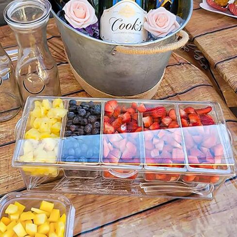 Condiment Server Ice Chilled Condiment Caddy with 5 Removable Compartments & Hinged Lid, Fruit, Veggie & Condiment Serving Bar Plastic Condiment Tray Container for Salad, Taco, Party in Kuwait