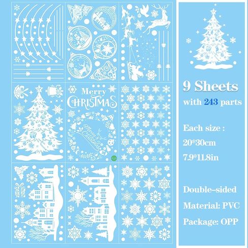 ملصقات نافذة عيد الميلاد PVC 2024 - ملصقات نافذة عيد الميلاد ساتا كلوز الثلجية، شارات عيد الميلاد للمنزل والمتجر لتزيين عيد الميلاد (20 × 30 سم × 9 أوراق، 002) in Kuwait