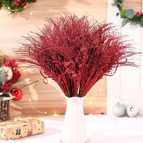 Christmas Glitter Curly Tree Picks Wispy Willow Stem Glittered Twigs Decor Wreath Garland Floral Arrangement Glitter Stems for Xmas Tree Decor(Gold,24 Pcs) in Kuwait