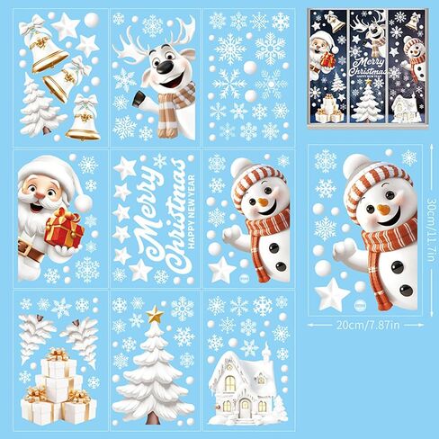 9Pcs Christmas Window Clings Snowflakes Christmas Tree Santa Claus Snowmen Elk Window Stickers Double Sided Static 3D Xmas for Christmas Decorations Winter Window Clings Christmas Window Decorations in Saudi Arabia