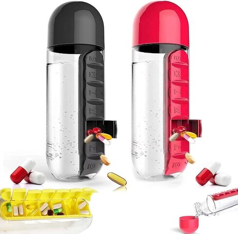 Daily Pill Box Organizer with Water Bottle, 600ML 2 in 1 Daily Pill Box Water Bottle Travel Pill Organizer Drinking Cups Medicine Container Box, for Travel, Office, Outdoor (2 Pcs) in Saudi Arabia