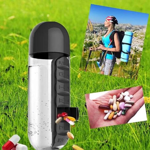 Daily Pill Box Organizer with Water Bottle, 600ML 2 in 1 Daily Pill Box Water Bottle Travel Pill Organizer Drinking Cups Medicine Container Box, for Travel, Office, Outdoor (2 Pcs) in Saudi Arabia