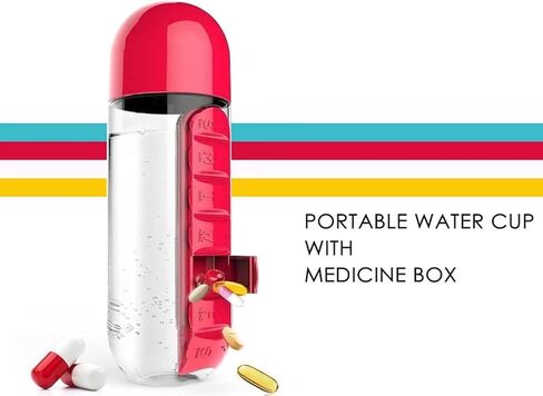 Daily Pill Box Organizer with Water Bottle, 600ML 2 in 1 Daily Pill Box Water Bottle Travel Pill Organizer Drinking Cups Medicine Container Box, for Travel, Office, Outdoor (2 Pcs) in Saudi Arabia
