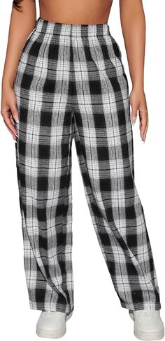 Floerns Women's Elastic High Waist Plaid Print Loose Fit Wide Leg Long Sweatpants in Saudi Arabia