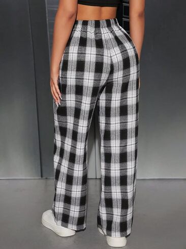 Floerns Women's Elastic High Waist Plaid Print Loose Fit Wide Leg Long Sweatpants in Saudi Arabia
