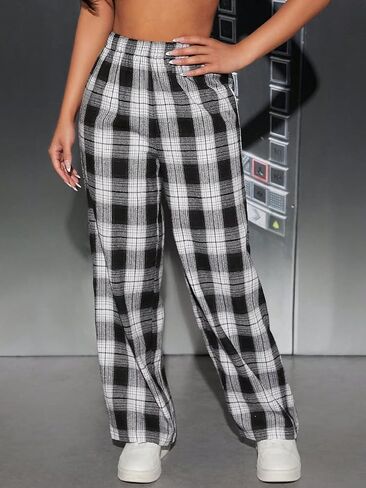 Floerns Women's Elastic High Waist Plaid Print Loose Fit Wide Leg Long Sweatpants in Saudi Arabia