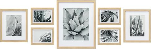 ArtbyHannah 7 Pack Gallery Wall Picture Frames Sets with Decorative Botanical Art Prints for Photo Frame Collages for Home Decoration, Natural Frames, Multiple Sizes One 11x14, Two 8x10, Four 5x7 in Saudi Arabia