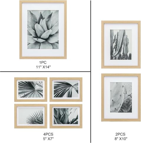 ArtbyHannah 7 Pack Gallery Wall Picture Frames Sets with Decorative Botanical Art Prints for Photo Frame Collages for Home Decoration, Natural Frames, Multiple Sizes One 11x14, Two 8x10, Four 5x7 in Saudi Arabia