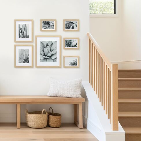 ArtbyHannah 7 Pack Gallery Wall Picture Frames Sets with Decorative Botanical Art Prints for Photo Frame Collages for Home Decoration, Natural Frames, Multiple Sizes One 11x14, Two 8x10, Four 5x7 in Saudi Arabia