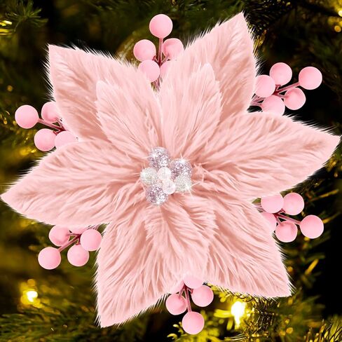 6Pcs Christmas Tree Picks Artificial Velvet White Christmas Poinsettia Flowers Xmas Stem Plush Poinsettia Flowers with Clips & Berry Buffalo Check Pattern Ornament for Xmas Tree Wreath Fireplace Decor in Kuwait