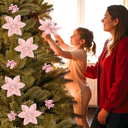 6Pcs Christmas Tree Picks Artificial Velvet White Christmas Poinsettia Flowers Xmas Stem Plush Poinsettia Flowers with Clips & Berry Buffalo Check Pattern Ornament for Xmas Tree Wreath Fireplace Decor in Kuwait