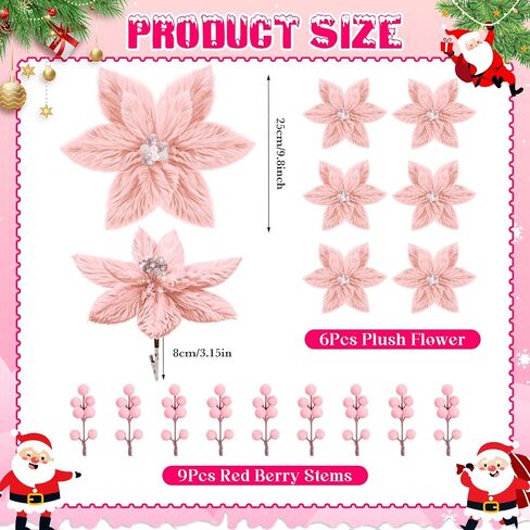 6Pcs Christmas Tree Picks Artificial Velvet White Christmas Poinsettia Flowers Xmas Stem Plush Poinsettia Flowers with Clips & Berry Buffalo Check Pattern Ornament for Xmas Tree Wreath Fireplace Decor in Kuwait