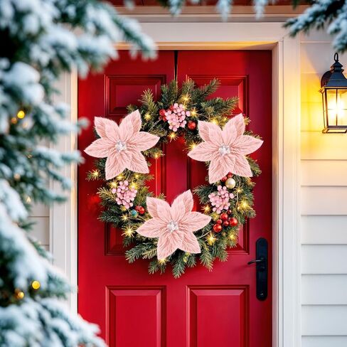 6Pcs Christmas Tree Picks Artificial Velvet White Christmas Poinsettia Flowers Xmas Stem Plush Poinsettia Flowers with Clips & Berry Buffalo Check Pattern Ornament for Xmas Tree Wreath Fireplace Decor in Kuwait