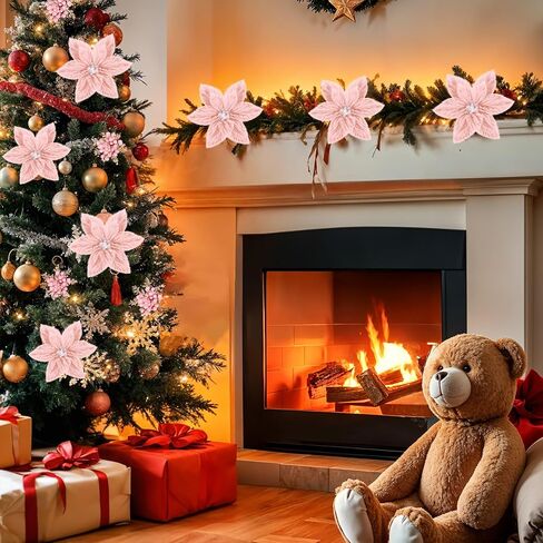 6Pcs Christmas Tree Picks Artificial Velvet White Christmas Poinsettia Flowers Xmas Stem Plush Poinsettia Flowers with Clips & Berry Buffalo Check Pattern Ornament for Xmas Tree Wreath Fireplace Decor in Kuwait