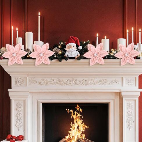 6Pcs Christmas Tree Picks Artificial Velvet White Christmas Poinsettia Flowers Xmas Stem Plush Poinsettia Flowers with Clips & Berry Buffalo Check Pattern Ornament for Xmas Tree Wreath Fireplace Decor in Kuwait