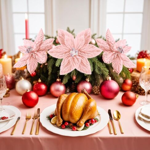 6Pcs Christmas Tree Picks Artificial Velvet White Christmas Poinsettia Flowers Xmas Stem Plush Poinsettia Flowers with Clips & Berry Buffalo Check Pattern Ornament for Xmas Tree Wreath Fireplace Decor in Kuwait