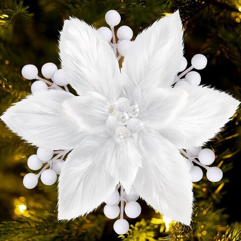 6Pcs Christmas Tree Picks Artificial Velvet White Christmas Poinsettia Flowers Xmas Stem Plush Poinsettia Flowers with Clips & Berry Buffalo Check Pattern Ornament for Xmas Tree Wreath Fireplace Decor in Saudi Arabia