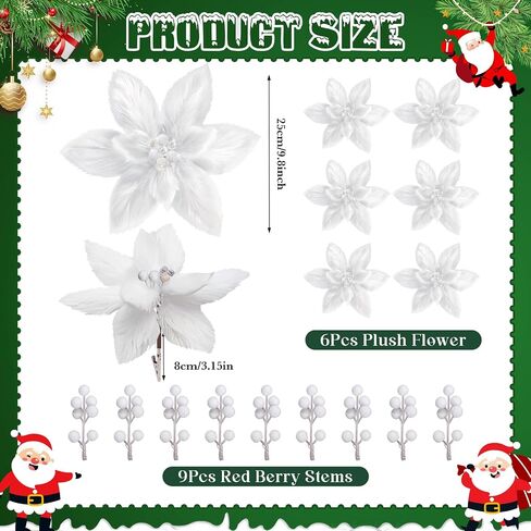 6Pcs Christmas Tree Picks Artificial Velvet White Christmas Poinsettia Flowers Xmas Stem Plush Poinsettia Flowers with Clips & Berry Buffalo Check Pattern Ornament for Xmas Tree Wreath Fireplace Decor in Saudi Arabia